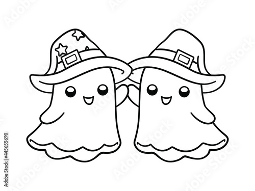 Cute ghosts wearing witch hats outline doodle cartoon illustration. Halloween coloring book page activity for kids and adults.