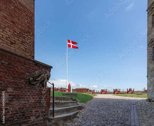 Flag of Denmark known as Dannebrog at Kronborg Castle - Helsingor, Denmark