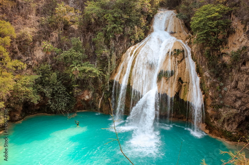 Beautiful turquoise waterfall. Aerial shots of Chiflon waterfalls in Chiapas Mexico © Plan B Viajero 