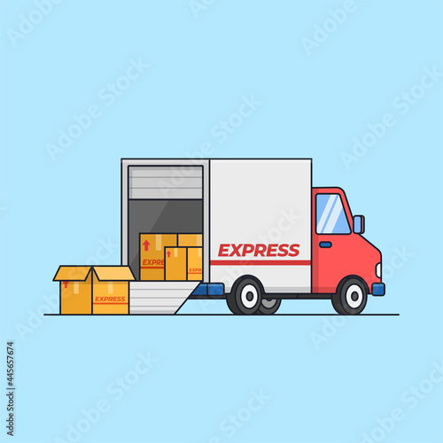 shipping cargo delivery truck car. Unload and load logistic box transportation service vector illustration