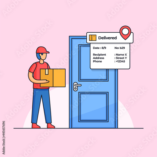 Delivery courier carrying order package box arrived at the costumer door design. Professional shipment service employee vector illustration