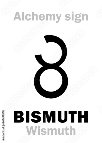 Alchemy Alphabet: BISMUTH (Bismuthum/Bisemutum < german: Wismuth "white mass"), also: Tinglass. Also: Bismuth ore, metal. Chemical formula=[Bi]. Alchemical sign, Medieval symbol.