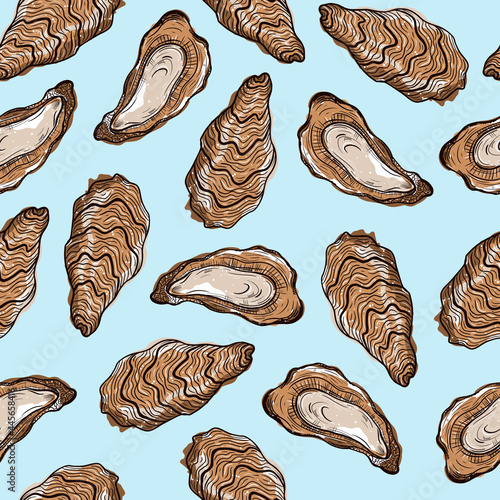 Oysters seamless vector pattern. Open and closed shells of an edible clam on a light background. Colored sketch of food. A seafood delicacy. Hand-drawn ink illustration. Bivalve mollusc.