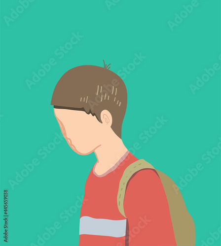 Sad alone boy with school bag on green background. Cartoon minimalistic vector illustration