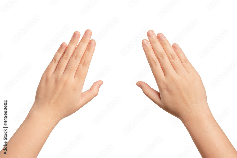 Woman hand gesturing isolated on white background.