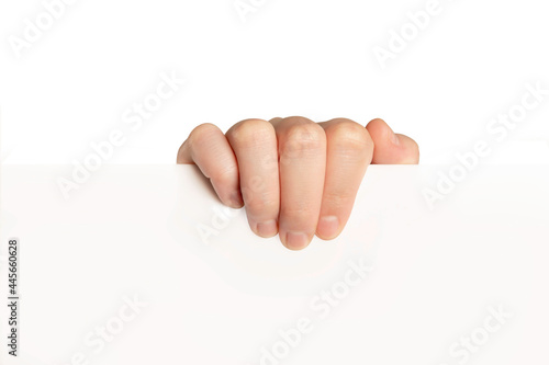 Woman hand holding paper on white background.