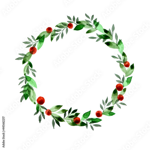 watercolor drawing wreath of simple leaves and fruits, berries. round frame, wreath isolated on white background. simple abstract drawing, clipart