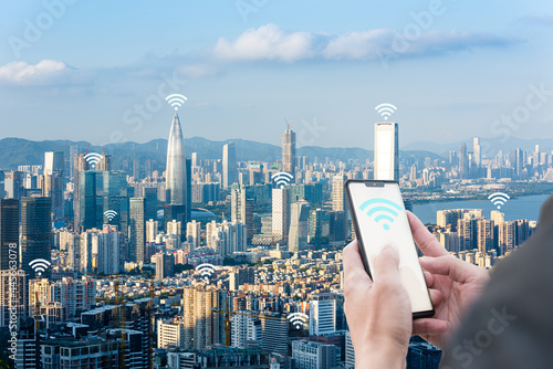 Shenzhen city scenery and 5g technology concept