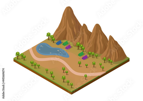 Isometric outdoor park with mountain