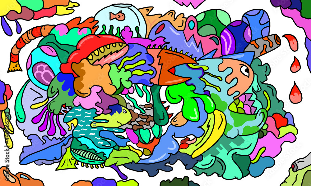 No Concept Hand drawing abstract colorful doodle art for background, poster, landing page, clothing, and many more