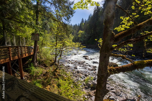 Snoqualmie river and wood sidewalk in summer at Washington State.