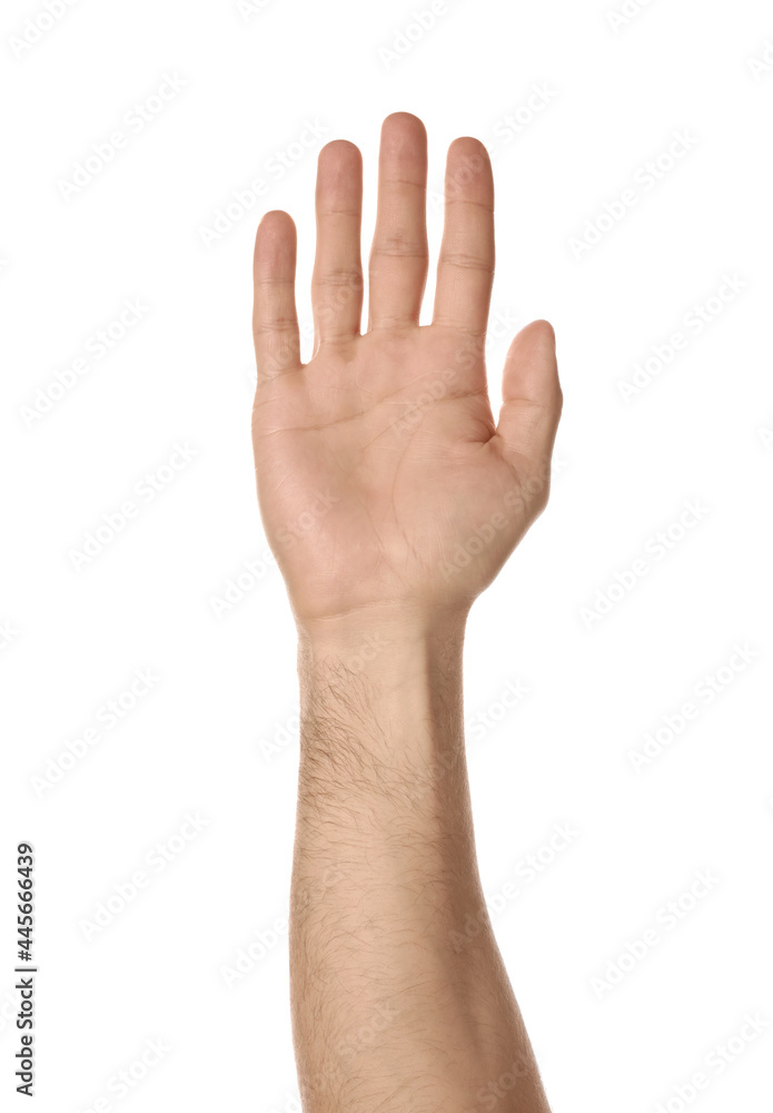 Man against white background, closeup of hand Man against white background, closeup of hand