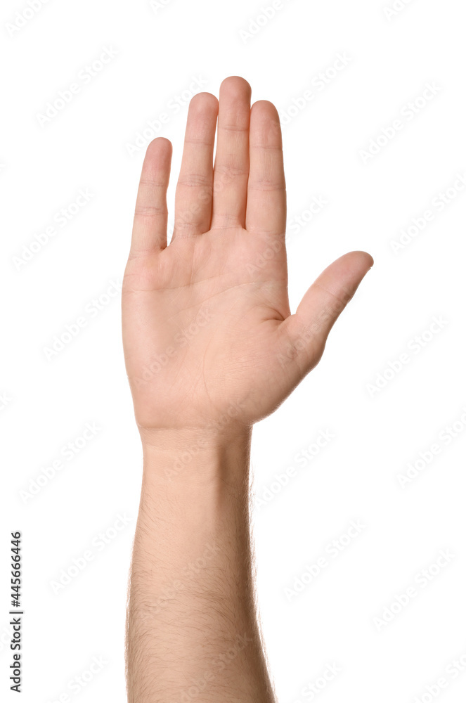Man against white background, closeup of hand Man against white background, closeup of hand