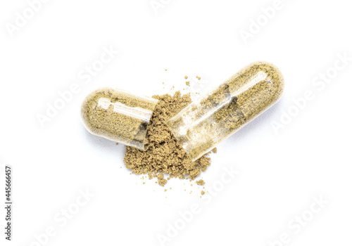 Obraz na płótnie Maca powder and herbal medicine capsule isolated on white