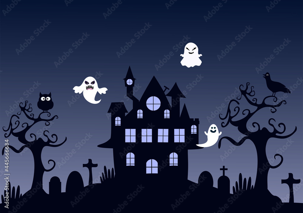 Halloween Night Party Landing Page Illustration With Witch, Haunted House, Pumpkins, Bats and Full Moon. For Background, Banner, Wallpaper, or Brochure