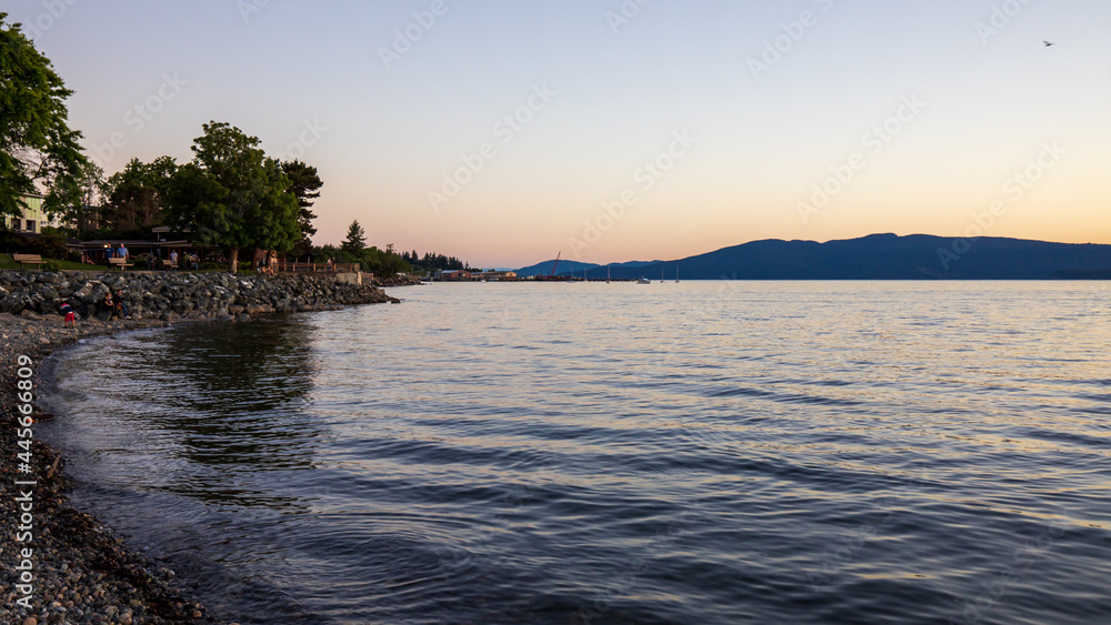 Sunset at Bellingham Bay, Washington. Cornwall Beach Park. Blue hour ocean view.