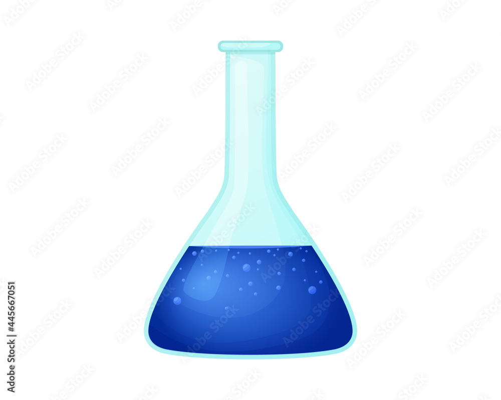 Flask with blue liquid in cartoon style. Chemical test tubes vector illustration. Science and technology. Isolated on white background
Flask with blue liquid in cartoon style. Chemical test tubes vector illustration. Science and technology. Isolated on white background
