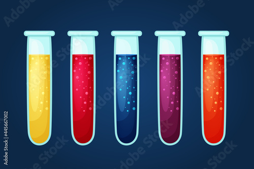 Chemical flasks with substance on a dark background. Set of flasks with potion in cartoon style. Magic liquid with bubbles vector illustration. Scientific test tubes from the laboratory with a colored
