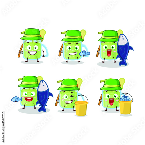 A fisherman avocado smoothie cartoon picture catch a big fish. Vector illustration
