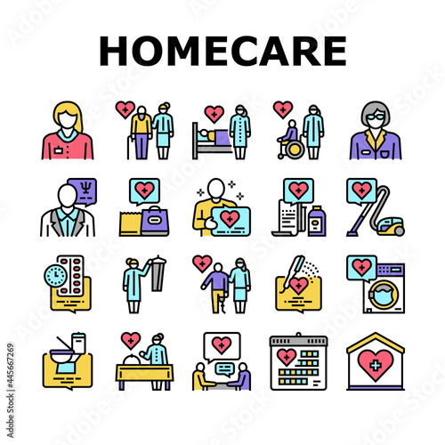 Homecare Services Collection Icons Set Vector. Volunteer Personal Care Elderly And Sick People, Dressing And Helping Washing Homecare Services Concept Linear Pictograms. Contour Color Illustrations