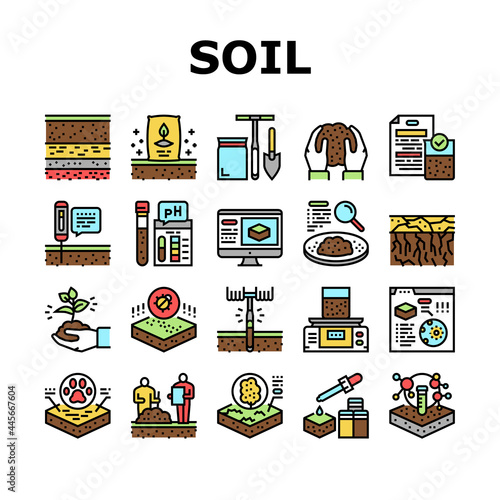 Soil Testing Nature Collection Icons Set Vector. Soil Testing Equipment And Ph Device, Laboratory Analyzing And Using Pesticides Concept Linear Pictograms. Contour Color Illustrations
