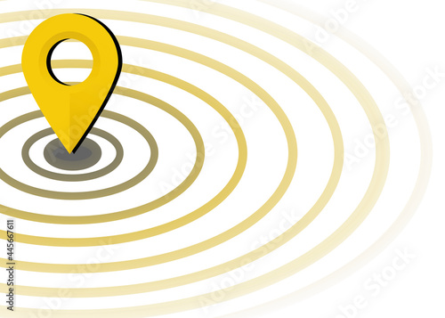 Yellow location symbol with the yellow line circle area on white background with free copy space. Golden location or good location concepts. Flat design of vector illustration.