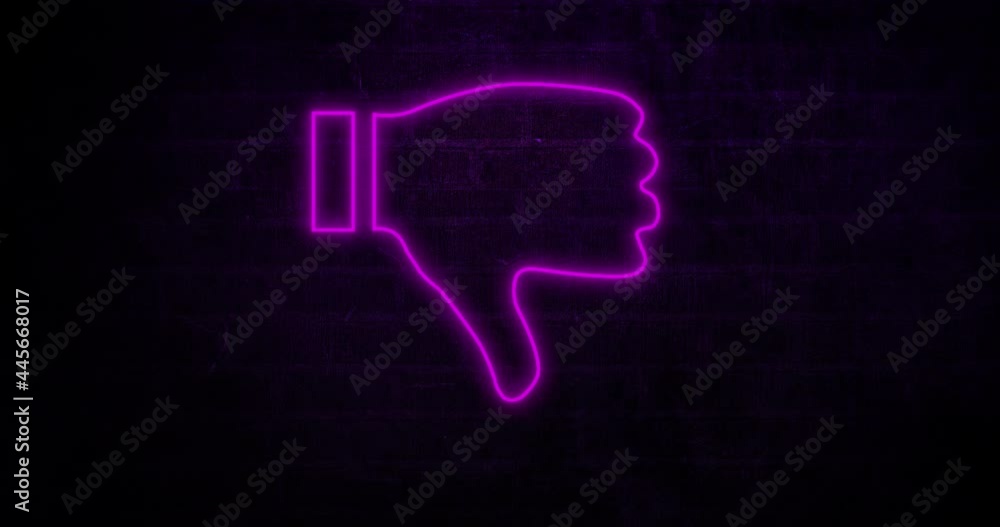 Animation of neon thumbs down icon flickering with copy space over wall background Animation of neon thumbs down icon flickering with copy space over wall background