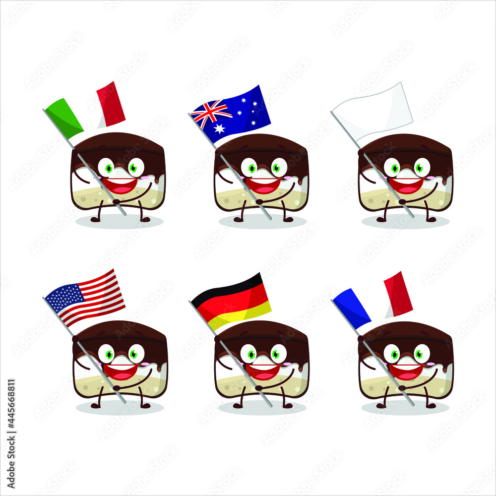 Chocolate cake cartoon character bring the flags of various countries. Vector illustration Chocolate cake cartoon character bring the flags of various countries. Vector illustration