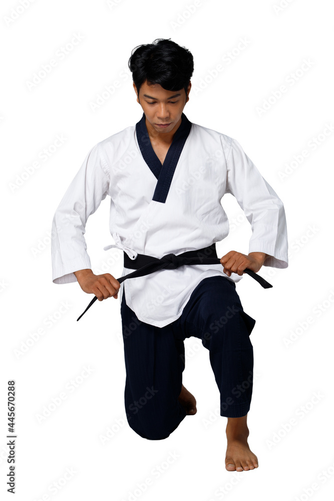 Sport Master of TaeKwonDo practice Karate Poses, isolated full length Sport Master of TaeKwonDo practice Karate Poses, isolated full length