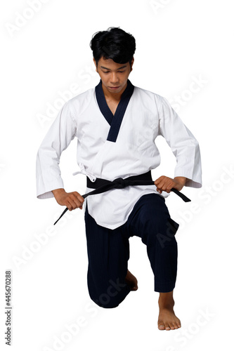 Sport Master of TaeKwonDo practice Karate Poses, isolated full length