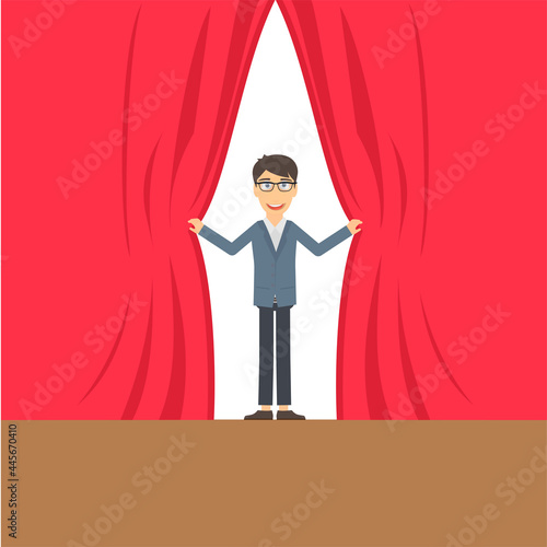 Host is on stage. Curtain opening, vector illustration