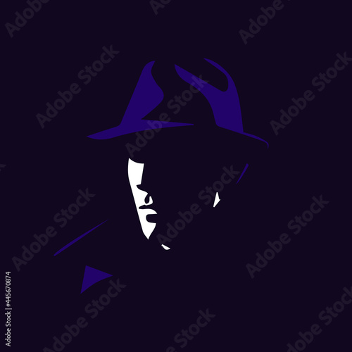 Detective in the shadow cartoon illustration. Mysterious man silhouette