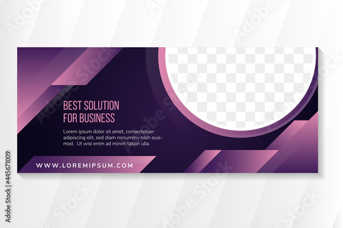 best solution for business banner design template use horizontal layout. purple gradient background with pink gradient on element. half circle space for space of photo.