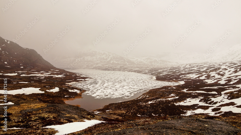 Cold snowy winter landscapes on the Arctic Circle Trail hiking path between Sisimiut and Kangerlussuaq in Greenland.
