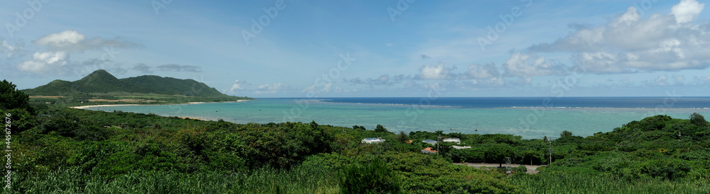 Okinawa,Japan - July 12, 2021: Panaoramic view of Beautiful shore at Cape Tamatori in Ishigaki island, Okinawa, Japan
