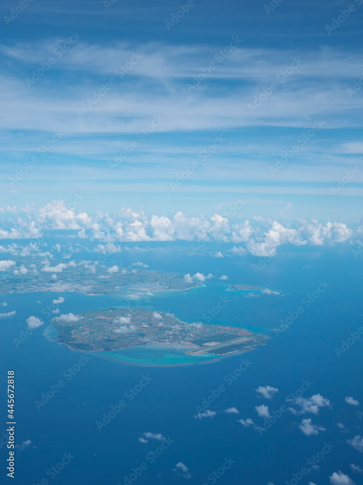 Okinawa,Japan - July 11, 2021: Aerial view of Miyako, Ikema, Kurima, Irabu and Shimoji islands in Okinawa, Japan
