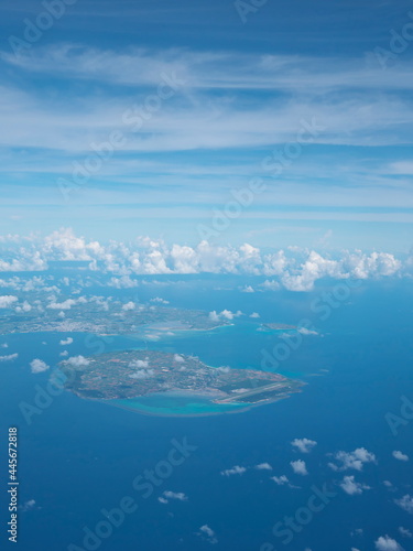 Okinawa,Japan - July 11, 2021: Aerial view of Miyako, Ikema, Kurima, Irabu and Shimoji islands in Okinawa, Japan 