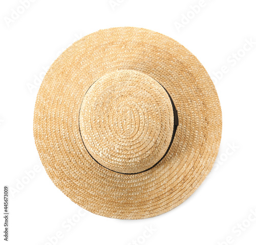 Stylish straw hat isolated on white, top view