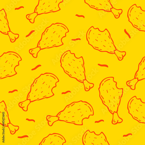 Chicken leg Seamless pattern Design Template. Illustration vector graphic. doodle chicken leg on Yellow background. Perfect for design menu cafe, bistro, restaurant, label and packaging.