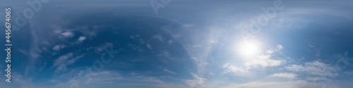 Dark blue sunset sky pano with Cirrus clouds. Seamless hdr panorama in spherical equirectangular format. Complete zenith for 3D visualization  game and sky replacement for aerial drone 360 panoramas.