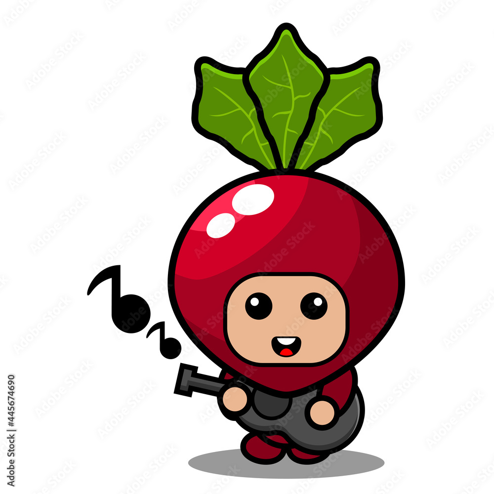 Fototapeta premium cute radish vegetable mascot costume cartoon character vector playing guitar