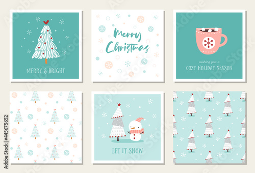 Set of Christmas cards and seamless patterns with hand drawn trees, cup, and little snowman. Square winter holiday greeting card design templates.