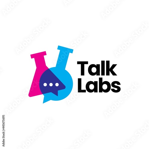 talk chat lab laboratory glassware beaker logo vector icon illustration