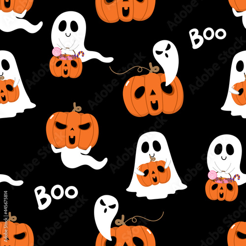 Happy Halloween wallpaper with cute spooky ghosts and scary pumpkin seamless pattern . Holidays cartoon character background.