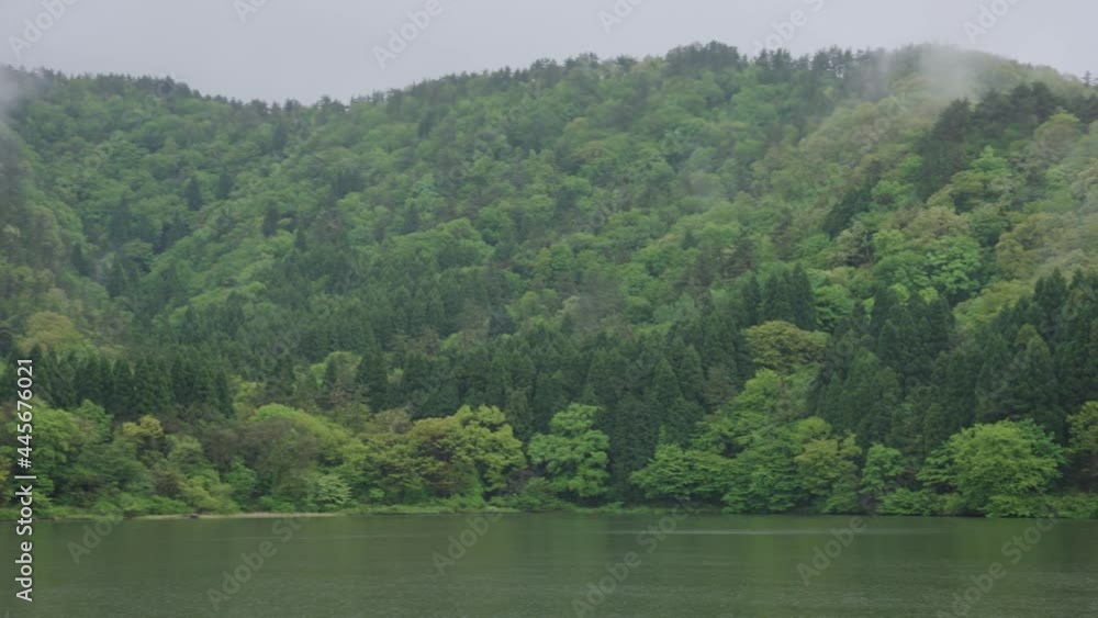 Mt Daisen National Park Forest, Pan Over Lake on Misty Day, Japan Mt Daisen National Park Forest, Pan Over Lake on Misty Day, Japan