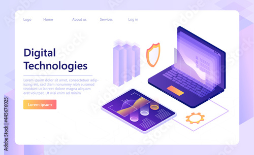 Digital technologies concept. Digital process. Digital business analysis. Data technology. Suitable for website mobile application. Isometric Vector Illustration.