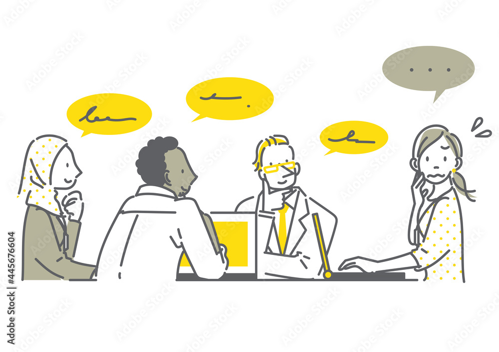 ビジネス英会話に苦戦する日本人女性　ビジネスシーン　シンプルでお洒落な線画イラスト
