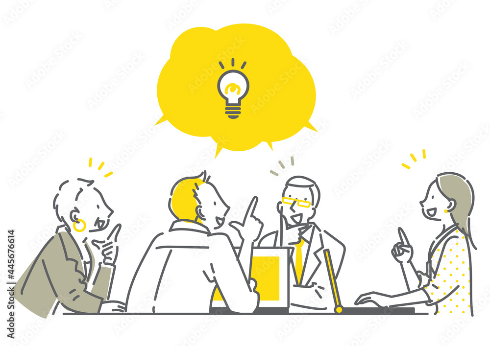 男女4人のビジネスチームのミーティング　シンプルでお洒落な線画イラスト　アイデア