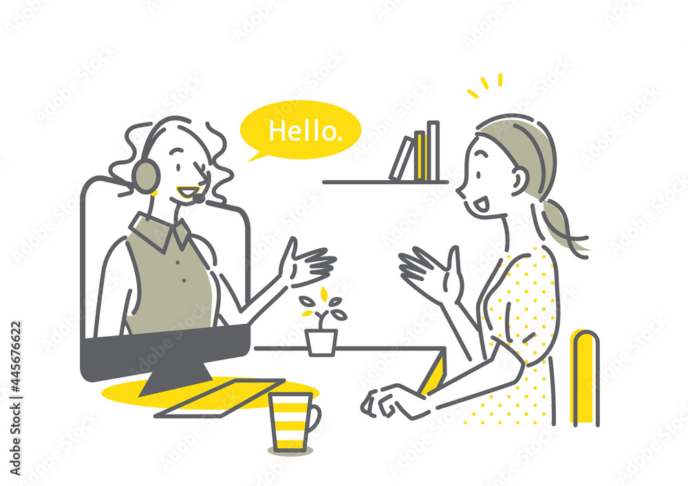 自宅でオンライン英会話のレッスンを受ける女性のイラスト シンプルでお洒落な線画 自宅でオンライン英会話のレッスンを受ける女性のイラスト シンプルでお洒落な線画