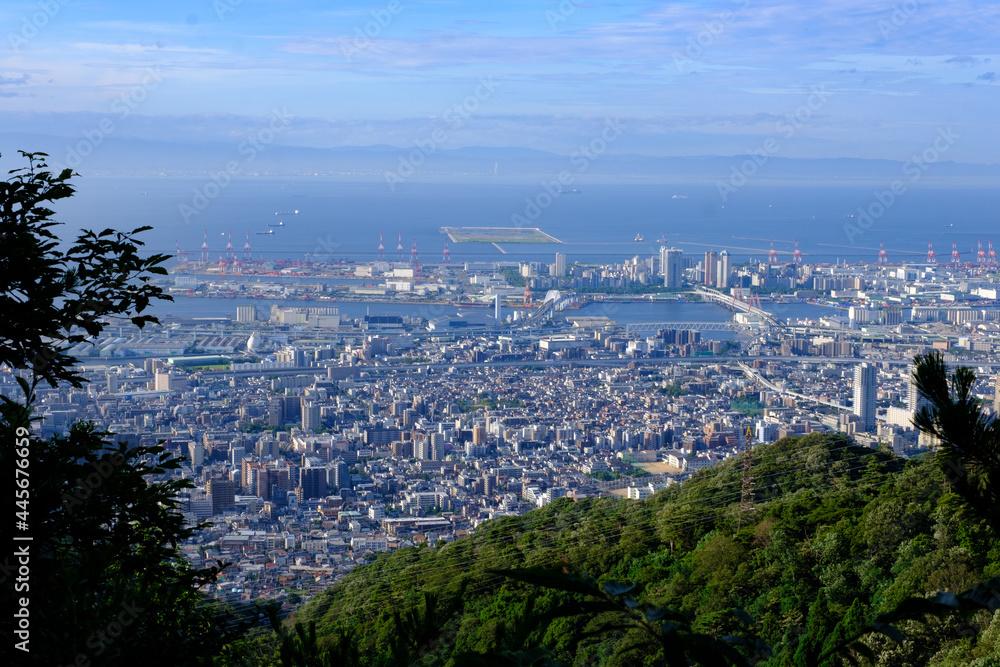 梅雨明けの爽やかな朝、六甲山の中腹七兵衛山より神戸市街、六甲アイランドを望む。遠景は大阪湾と大阪南港が見える
